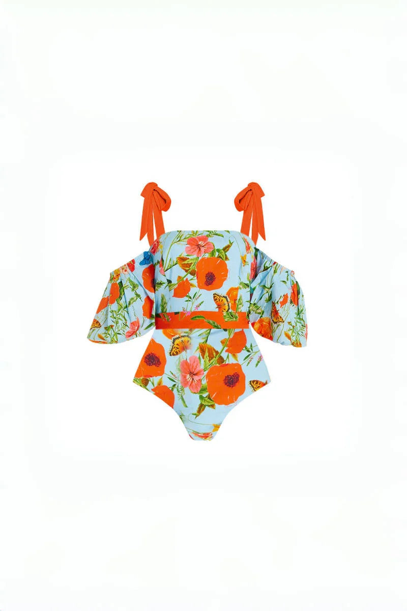 Traje de baño de una pieza bandeau con mangas abullonadas y estampado floral