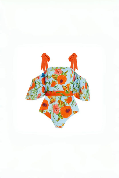 Traje de baño de una pieza bandeau con mangas abullonadas y estampado floral