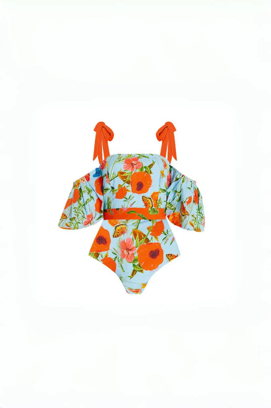 Traje de baño de una pieza bandeau con mangas abullonadas y estampado floral