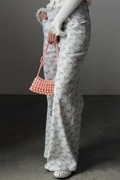 Light Blue Floral High Waist Wide Leg Jeans