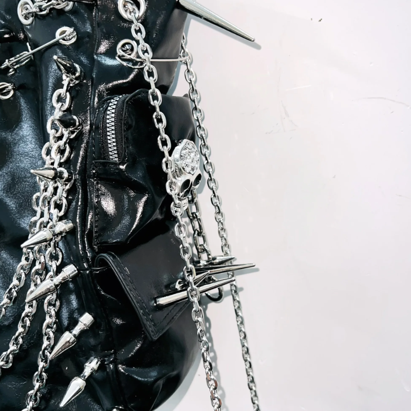 Metal chain o ring rivet applique PU leather handbag  | Festival Outfits Women
