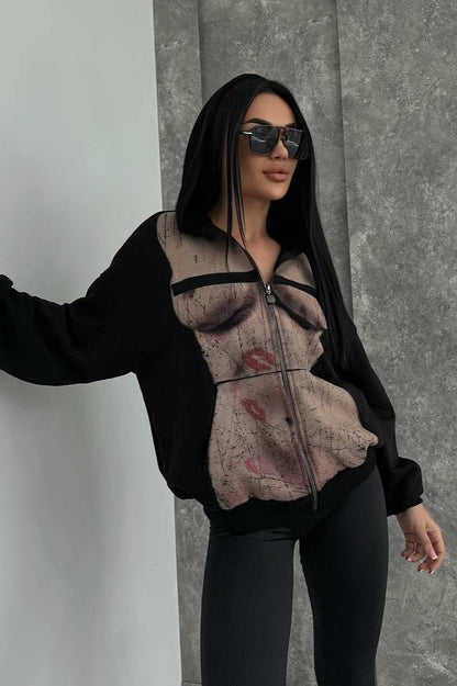 Bad Girl Style Nude Print Zipped Hoodie