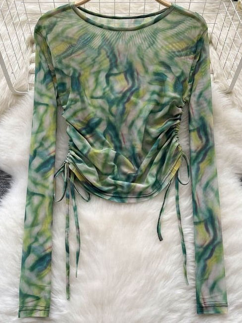 Cyber Tie Dye Drawstring Slim Long Sleeve Mesh Top