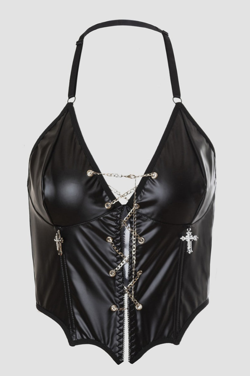 Y2K Punk Leather Halter Chain Boned Corset