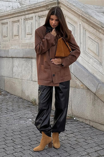 Vintage Suede Collar Contrast  Jacket