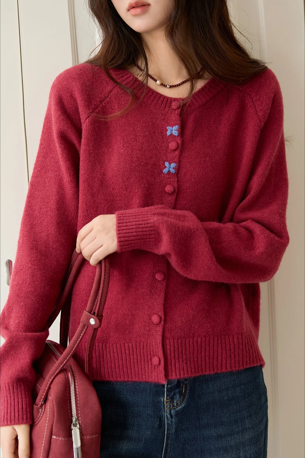 Round Neck Embroidered Buckle Cardigan