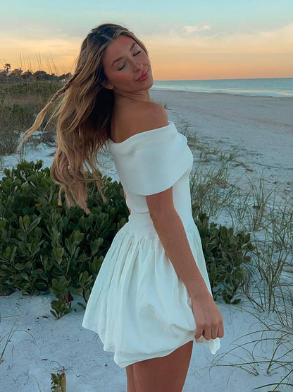 Tossy Knitted Off Shoulder Mini Dress Patchwork Ruffled Edge Slash Neck Solid Beach Holiday Princess Dress Cover Up Summer Women