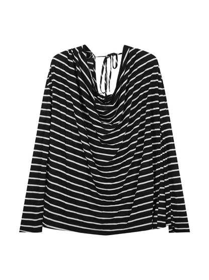 Stripe Backless Lace Up Smock Oversized Long Sleeve Tee