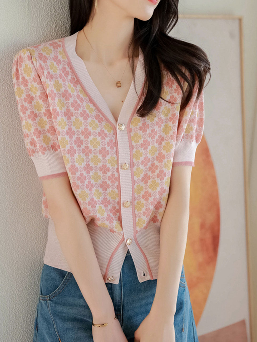 Sophia Vintage V-neck Printed Jacquard Cardigan