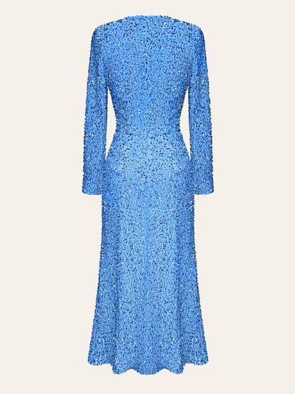 Sequin Decorated Velvet Midi Dress In Blue