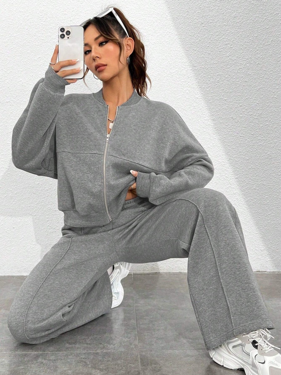 Sports And Leisure Solid Color Crew Neck Zipper 2-piece Sets
