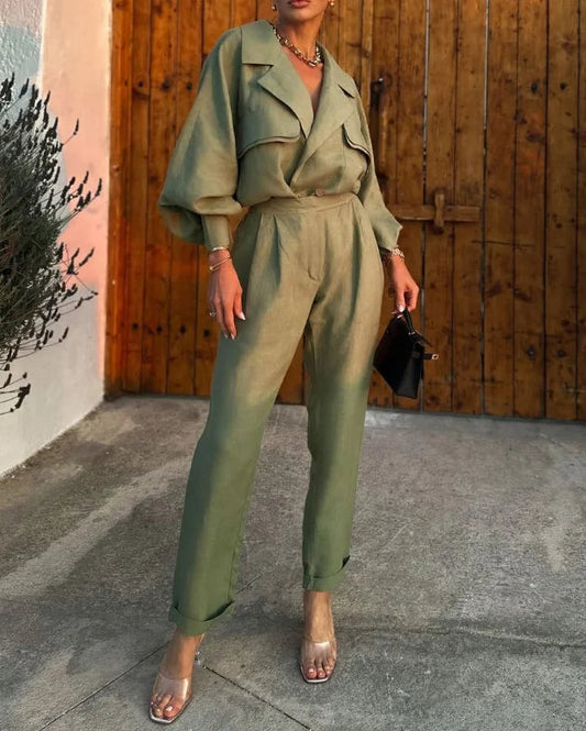 Conjunto de dos piezas de blazer holgado y pantalón largo para mujer | Ideal para primavera/verano