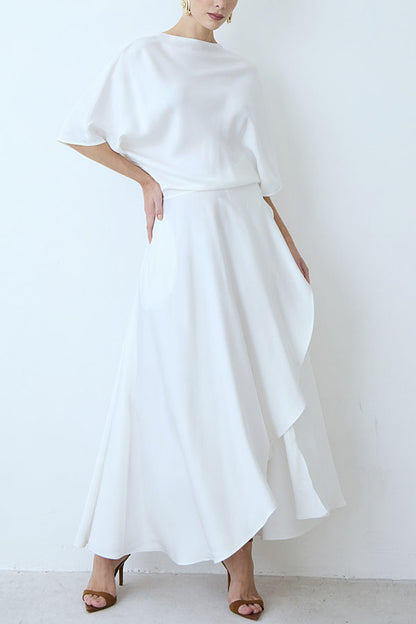 Modern and Elegant Satin Half Wide Sleeve Wrap Style Pocket Slit Loose Maxi Dress