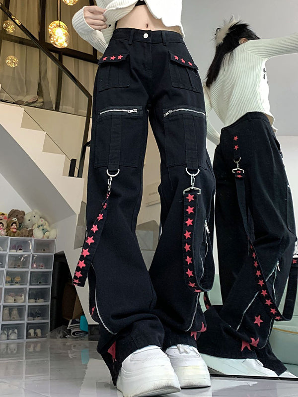 Contrast Color Ribbon Metal Decoration Cargo Jeans