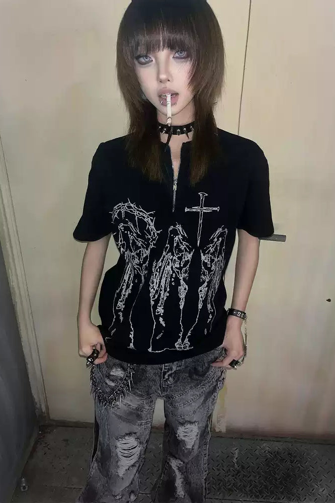 Black Silk Half-Zip Vintage Alt-Girl T-shirt