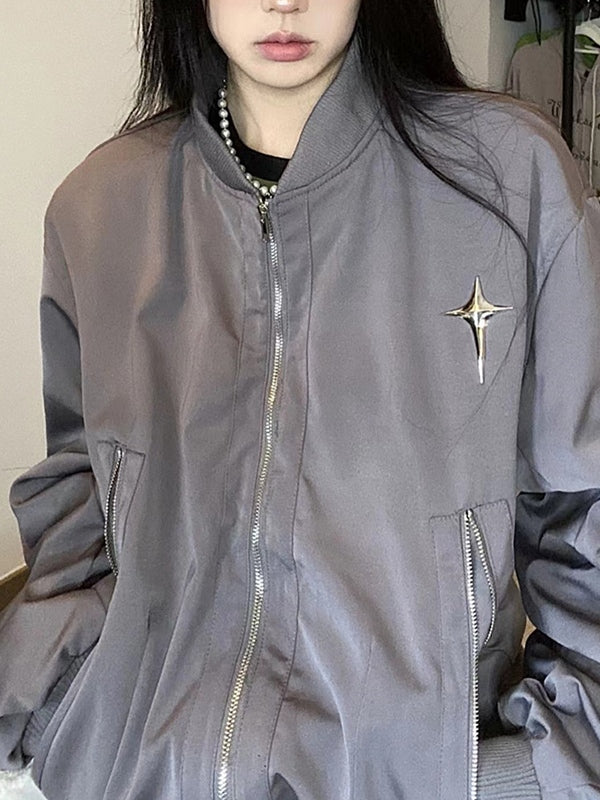 Solid Color Metal Star Decor Bomber Jacket