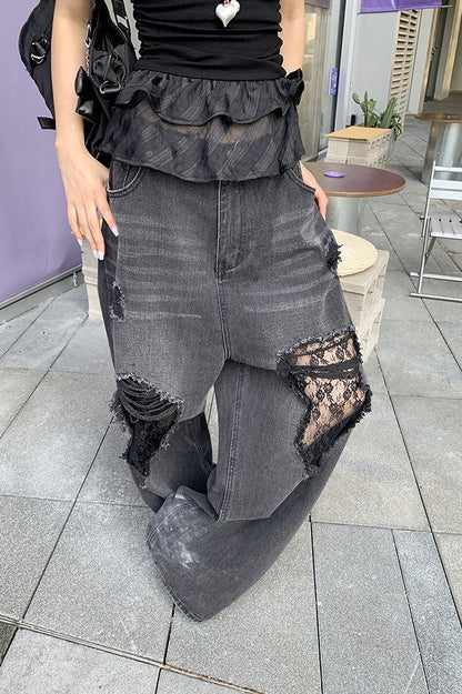 Lace Panel Ripped Wide Leg Jeans
