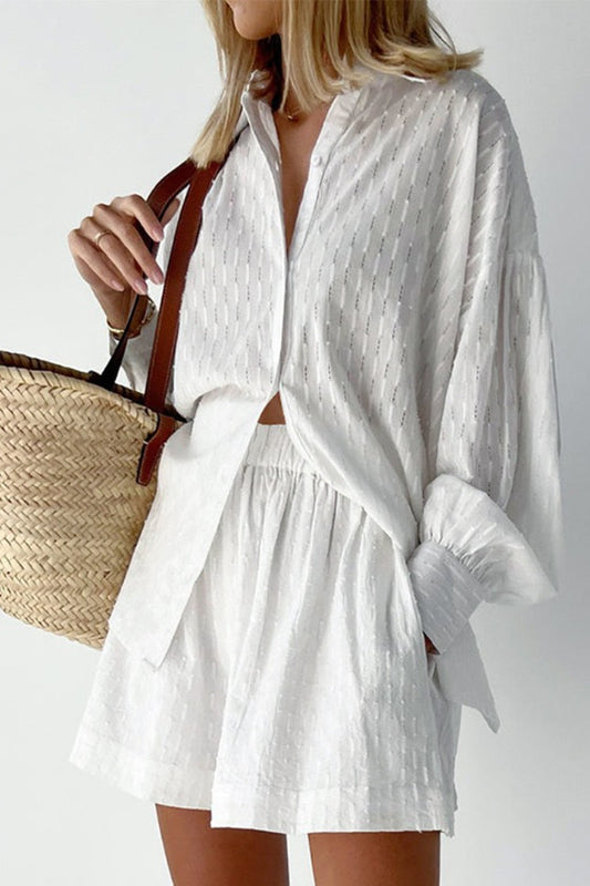 Textured Bubble Sleeve Blouse Casual Shorts Set