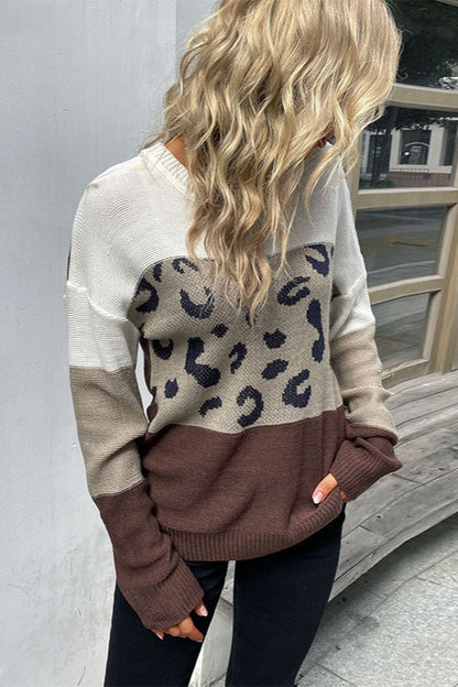 Casual Leopard Contrast Sleeve Sweater