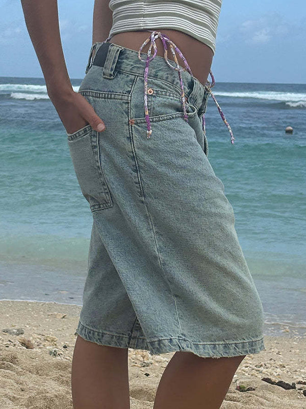 Non-Elastic Slimming Denim Shorts