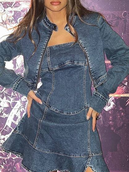 Splice Zip Up Slim Denim Short Jacket