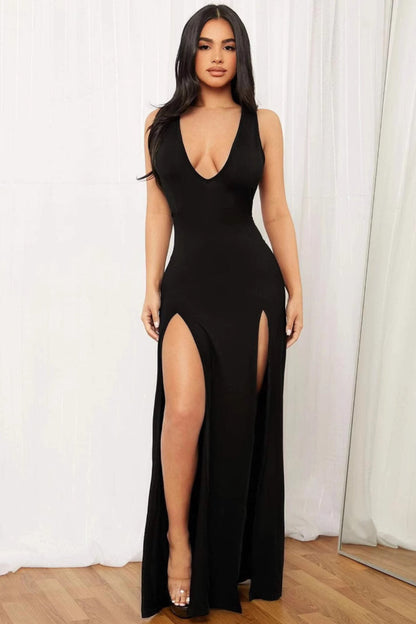 Solid Color Deep V Split Bodycon Sexy Party Dress