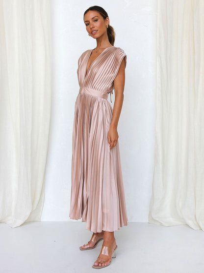 Midi Dress V-Neck Sleeveless Casual Oversized Pleated Party Prom Dress