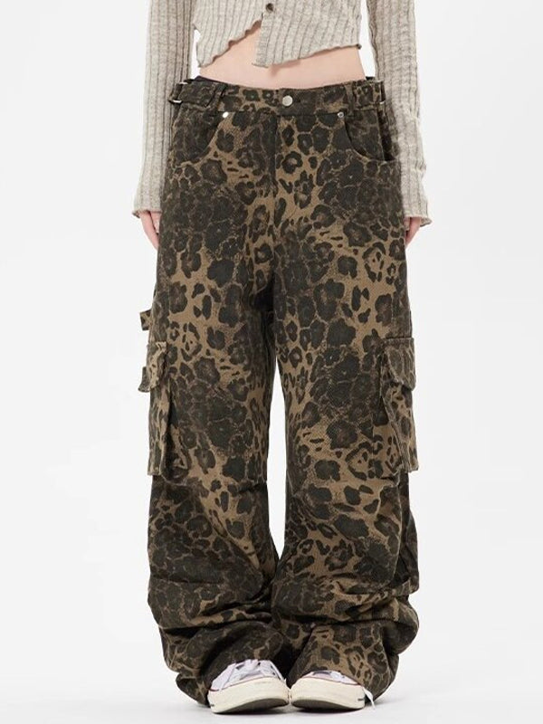 Leopard Print Pocket Overalls Cargo Jeans