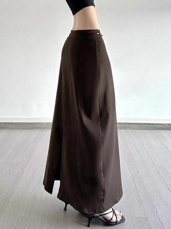 Retro Brown Beaded Lace-Up Maxi Skirt