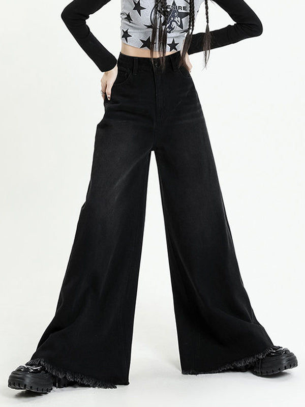 Versatile Black Raw Edge Wide Leg Boyfriend Jeans