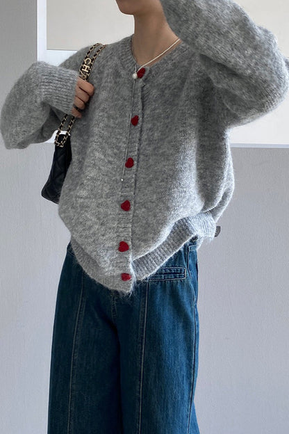 Oversized Heart Button Round Neck Cardigan