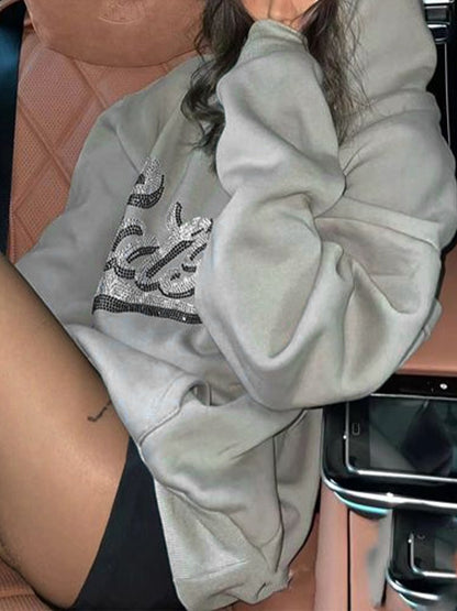 Rhinestone Print Fleece Couple Style Oversized Hoodie