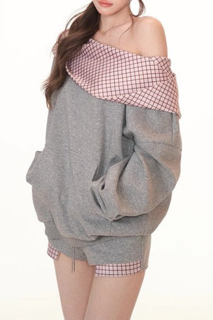 Cute Plaid PatchworkOff-the-shoulder Oversized Two Piece Set