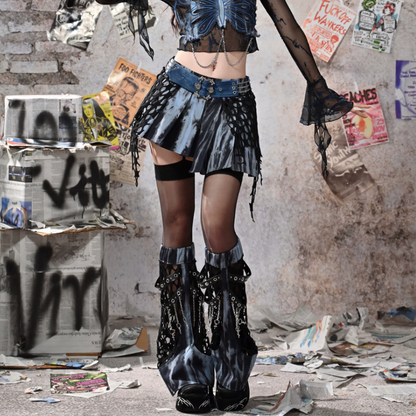 Pleated irregular A line denim metal chain mini skirt  | Festival Outfits Women