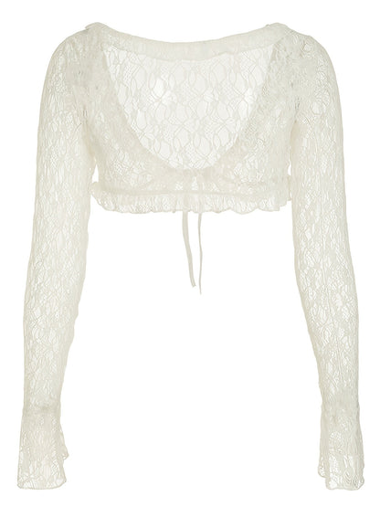 Chic Y2K-Inspired Sheer Lace Cropped Cardigan with Ruffle Hem - French Style Bell Sleeve V-Neck, Polyester Blend, Machine Washable - Versatile All-Season Top