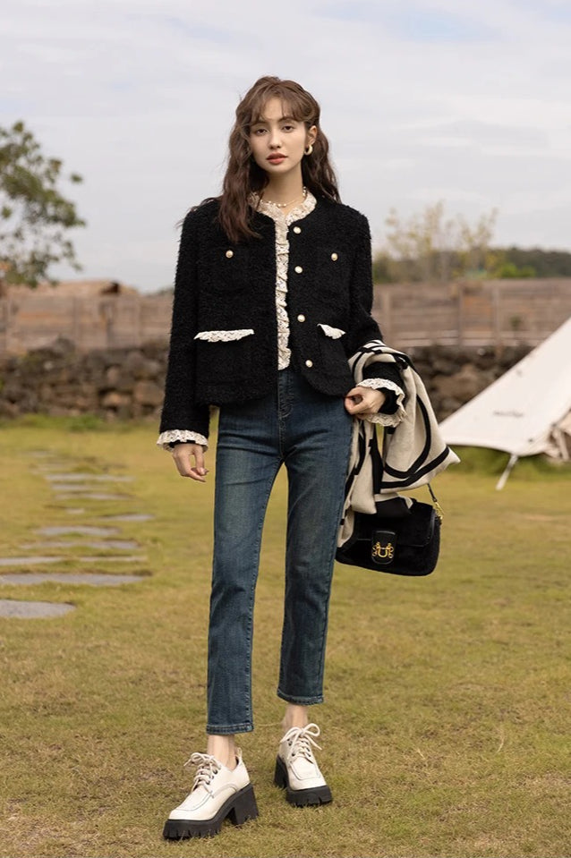 Retro Lace Splicing Wool Jacket