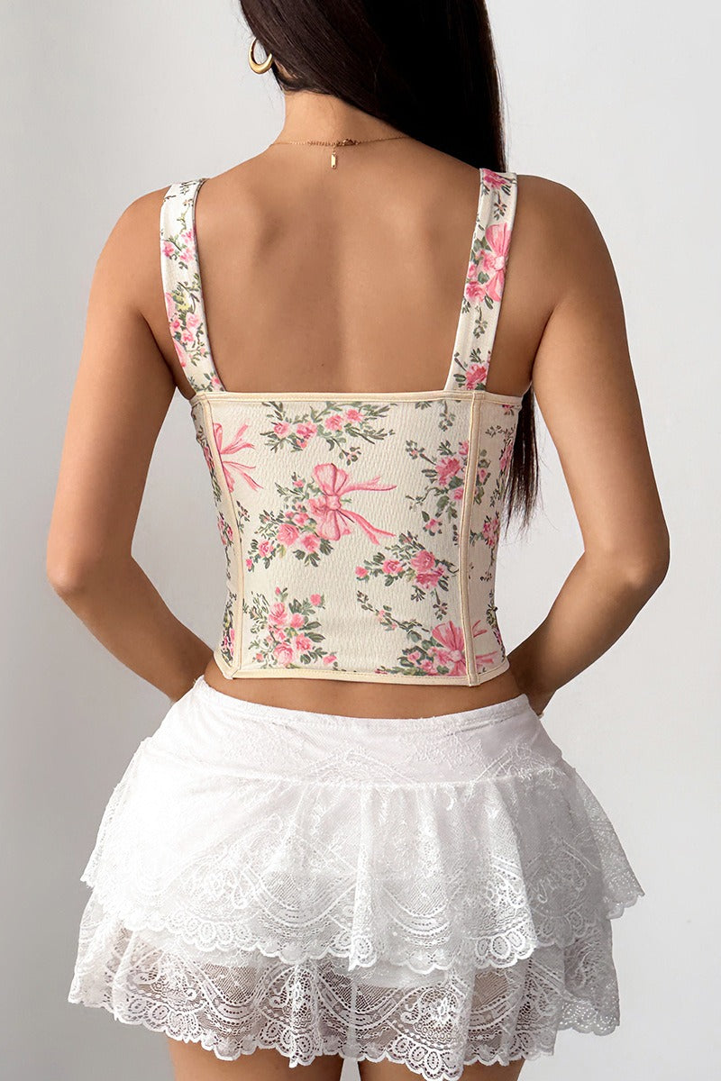 Floral Print Boned Cross Tie Bow Tank Top