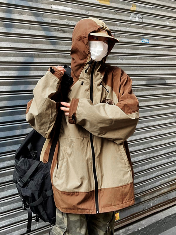 Oversize Embroidery Color Block Zip Up Hooded Jacket