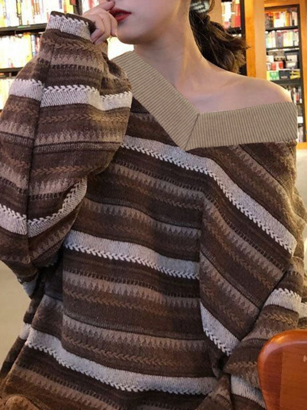 V Neck Striped Knit Sweater