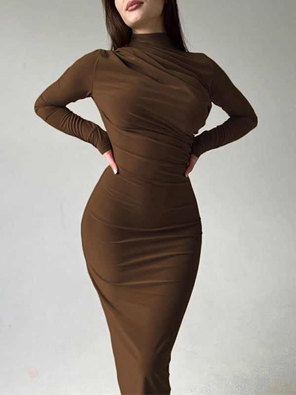 Slim Fit Solid Color Temperament Long Hip-Wrapped Dress