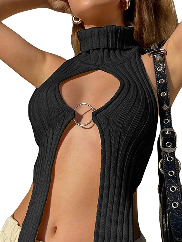 Cutout Metal Ring Slit Backless Knit Tank Top