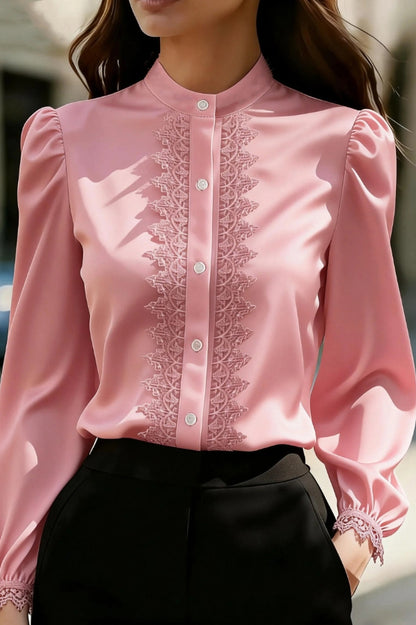 Solid Color Satin Lace Patchwork Casual Long-sleeved Shirt