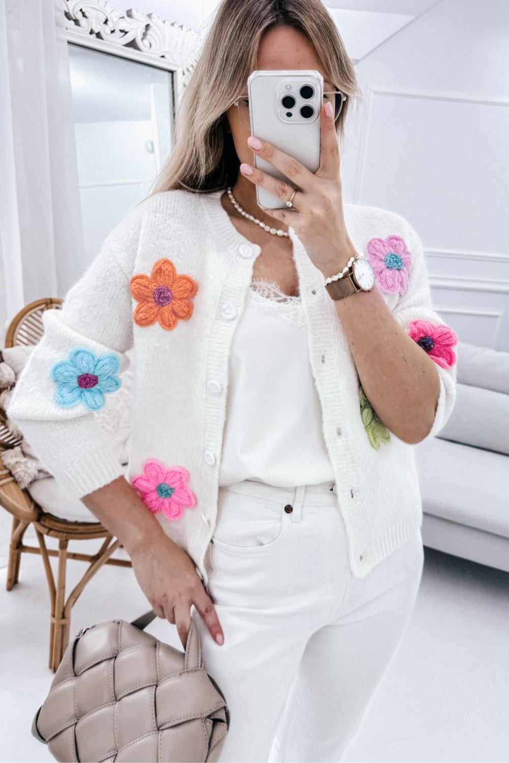 Cárdigan de punto con bordado floral y botones para mujer | Ideal para otoño/invierno