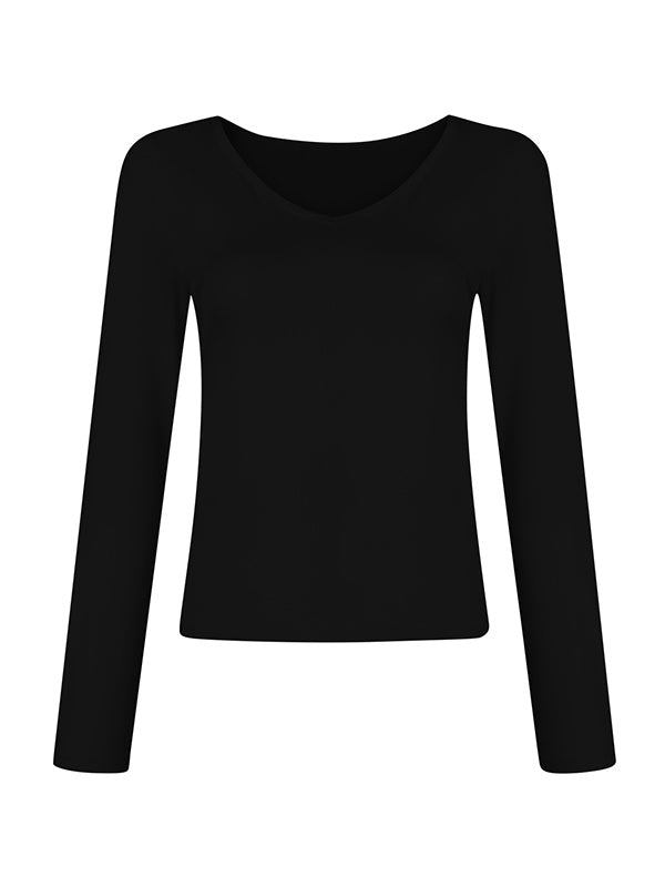 Solid V Neck Slim Long Sleeve Tee