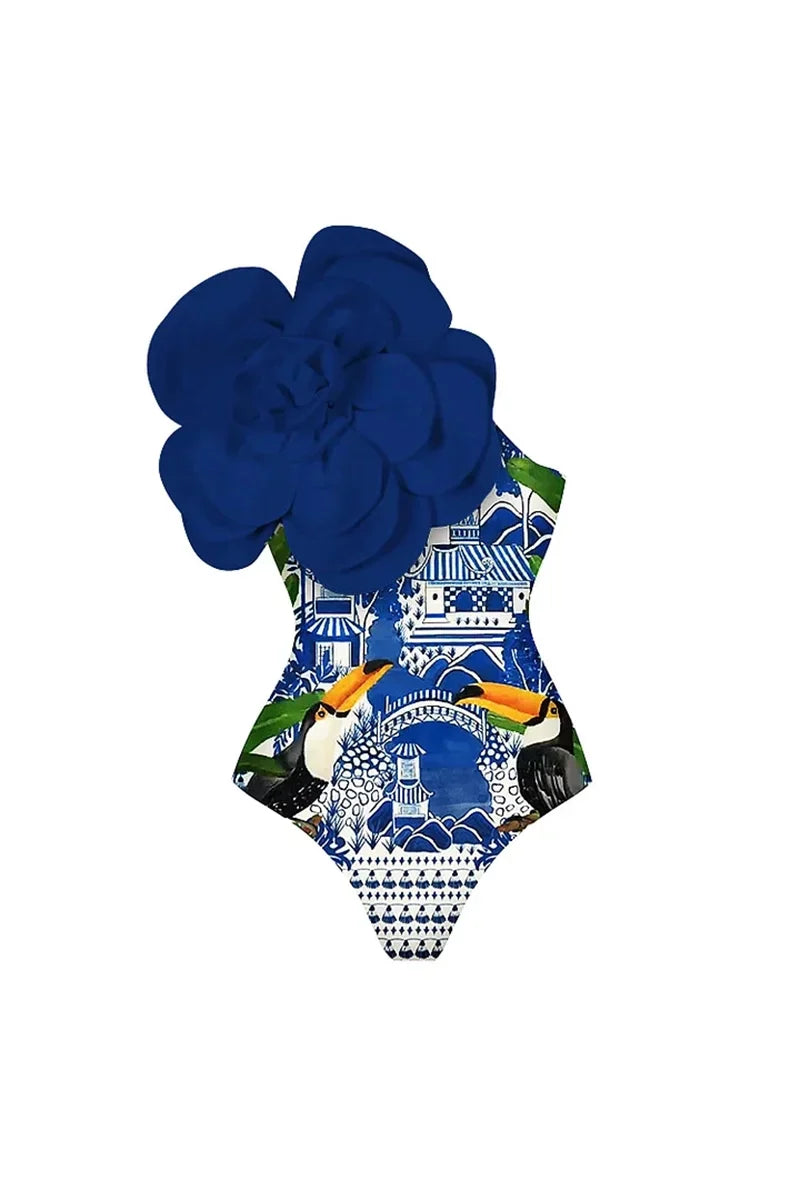 Traje de baño azul con adornos florales en 3D