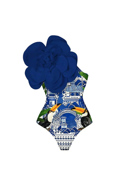 Traje de baño azul con adornos florales en 3D