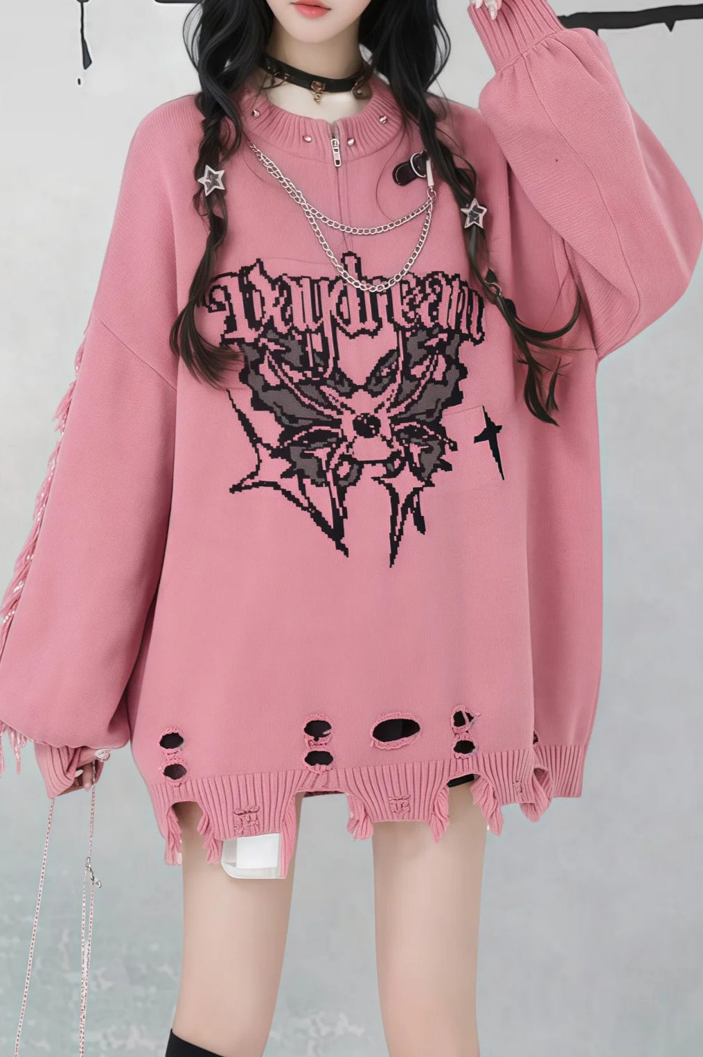 Gothic Y2K Subculture Rivet Print Ripped Loose Knit Sweater
