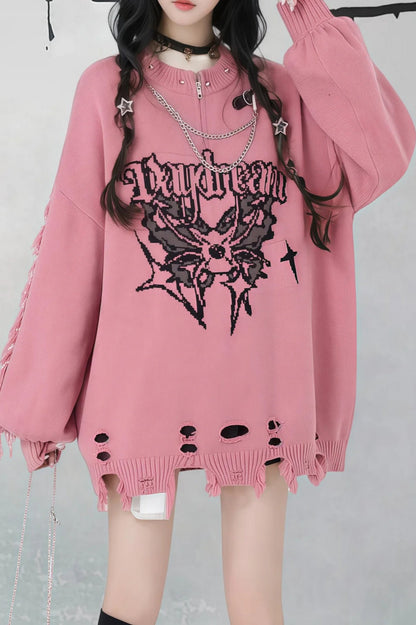 Gothic Y2K Subculture Rivet Print Ripped Loose Knit Sweater