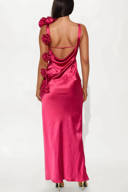Satin Floral Embellishment Backless Elegant Slim-fit Maxi Dress