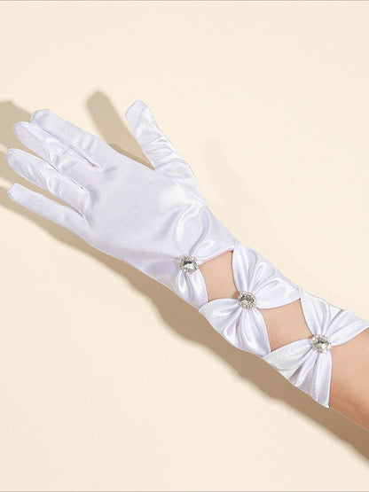 Gothic Black Rhinestone Mid-length Satin Formal Gloves